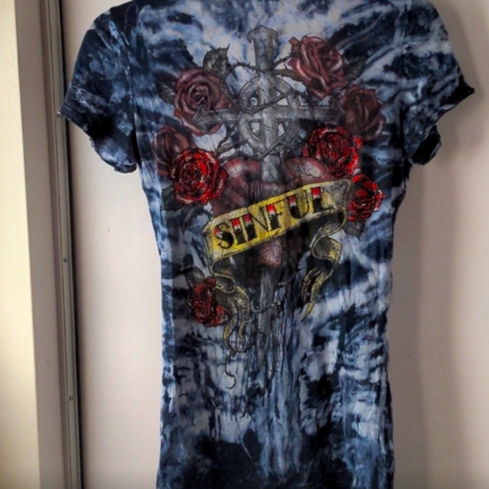 Sinful by Affliction Graphic Print Roses Bling Tee